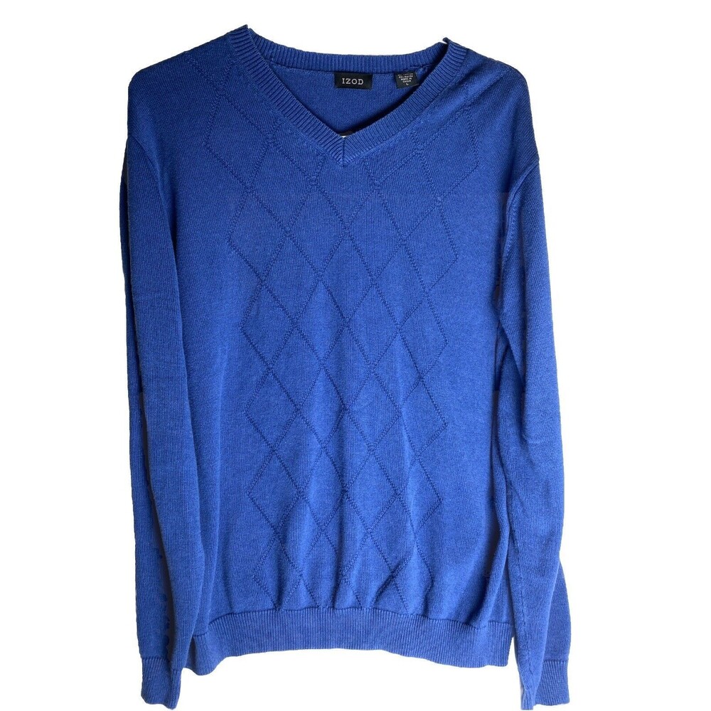 Izod Men's Pullover Sweater Size Large Navy Blue Long Sleeve Crew Neck Blue
